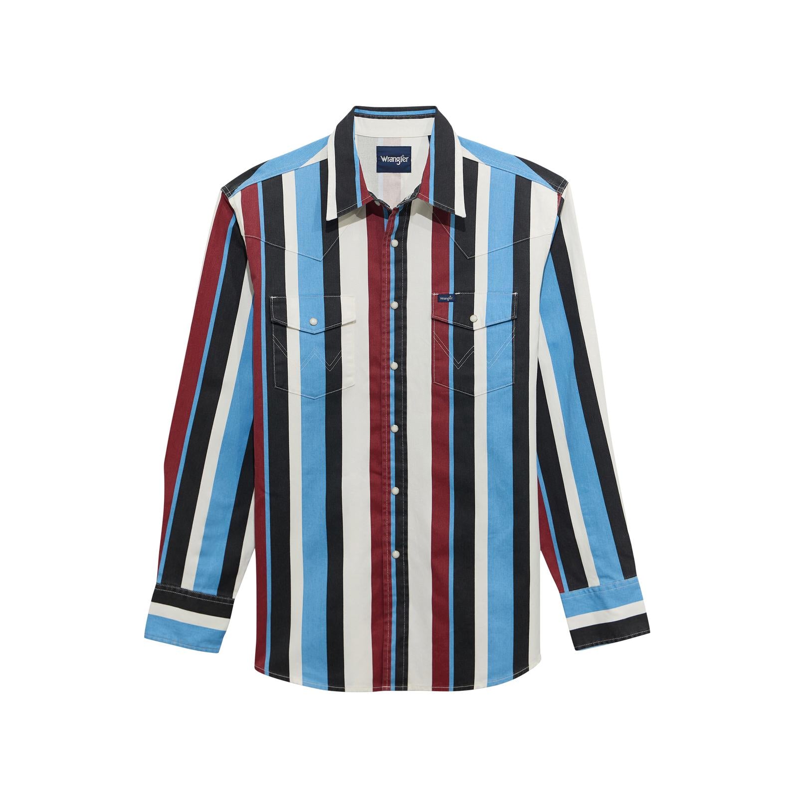 Vertical striped western shirt with blue, red, black, and white long sleeves, front pockets