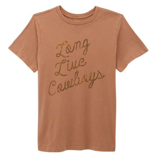 Brown t-shirt with 'Long Live Cowboys' text on a white background
