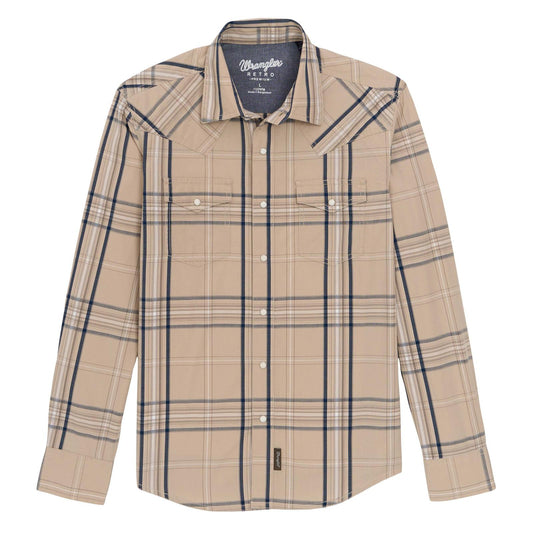 Beige plaid shirt with Wrangler logo on a white background