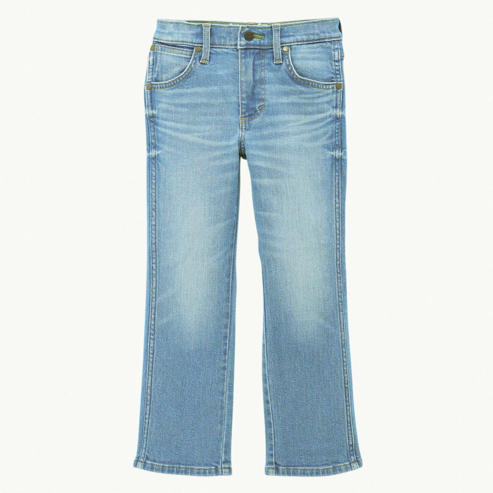 Light blue denim jeans on a white background