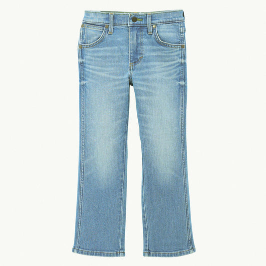 Light blue denim jeans on a white background