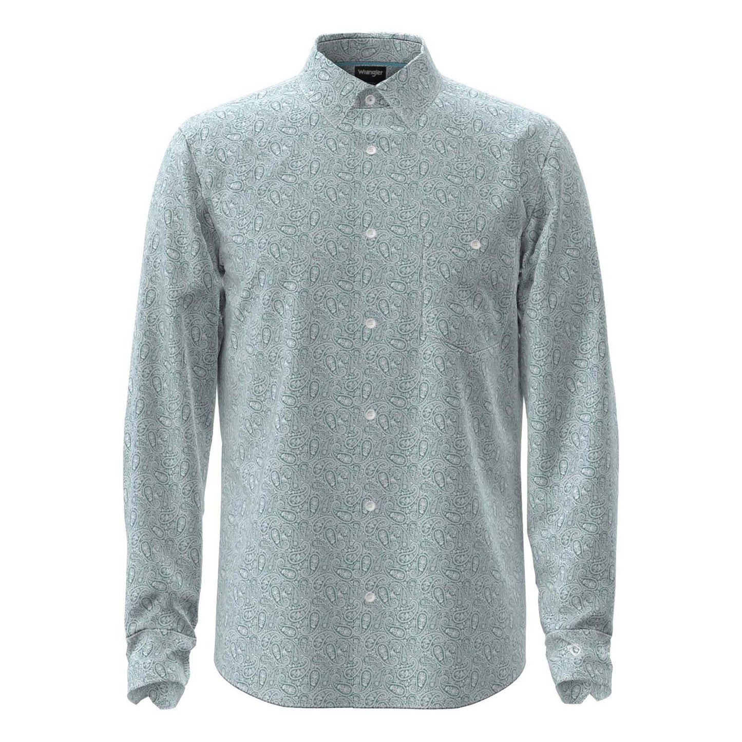 green paisley print long sleeved shirt with white background