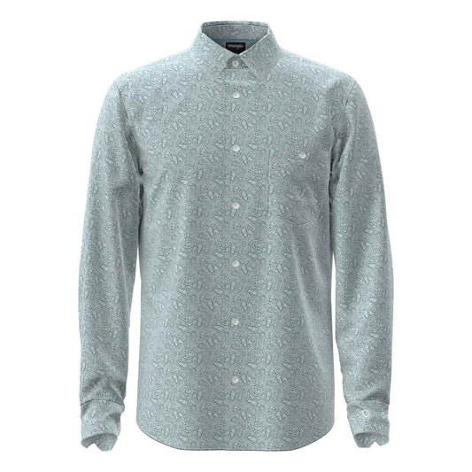 green paisley print long sleeved shirt with white background