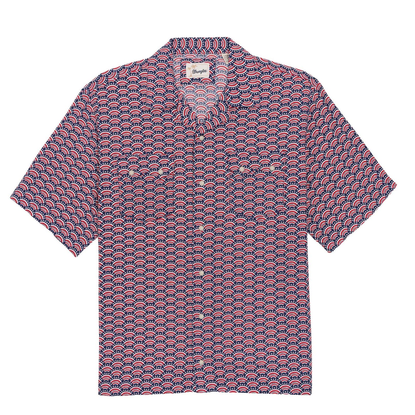 Short-sleeve shirt with a red and blue pattern on a white background