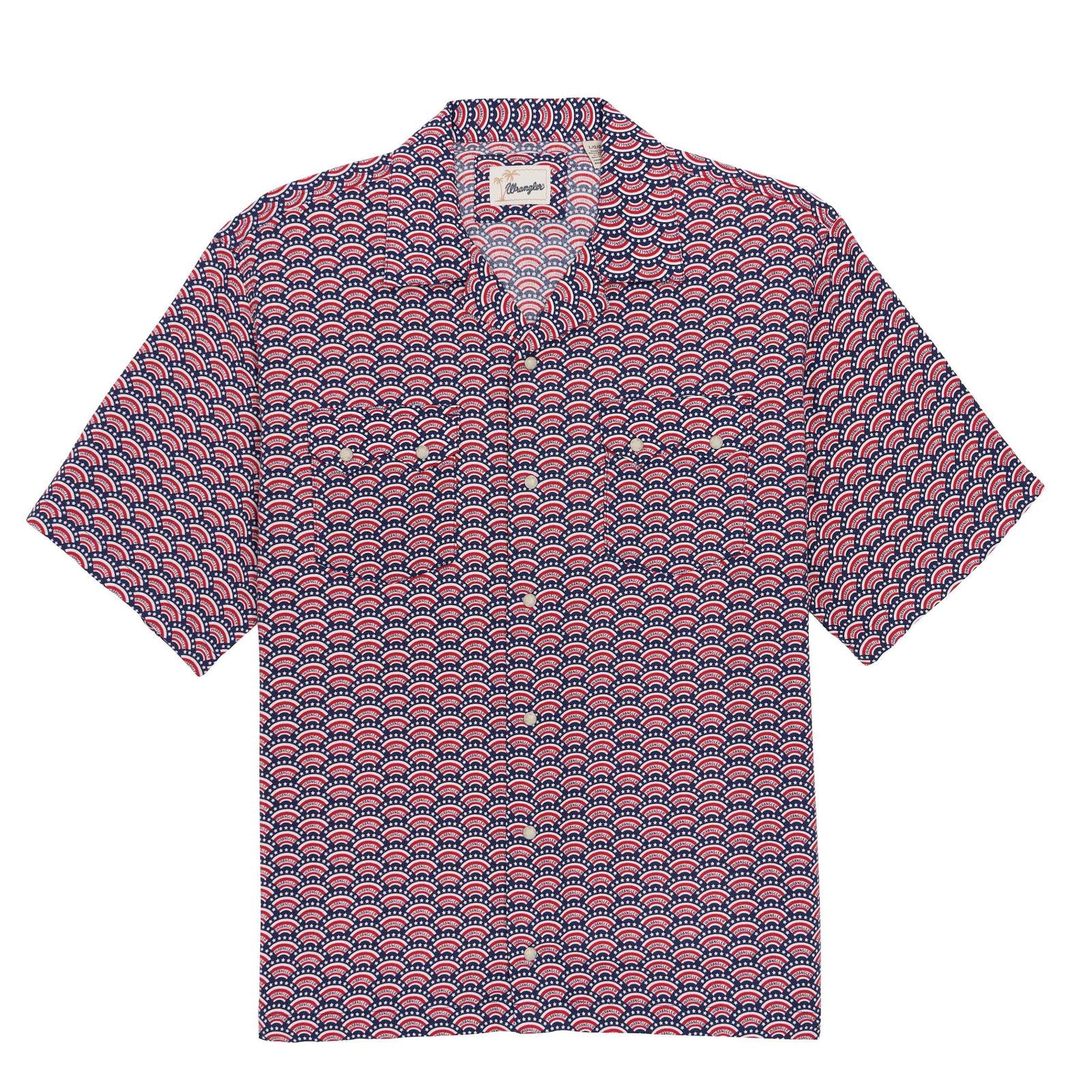 Short-sleeve shirt with a red and blue pattern on a white background