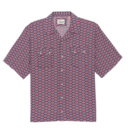 Short-sleeve shirt with a red and blue pattern on a white background