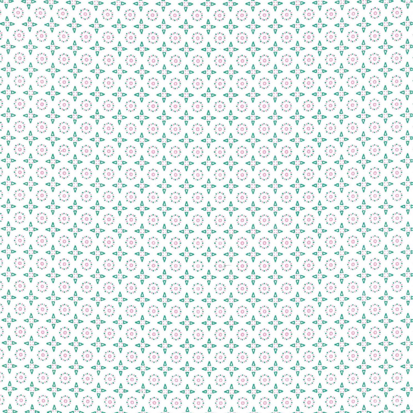 Patterned background with small floral elements on a light blue and white grid.