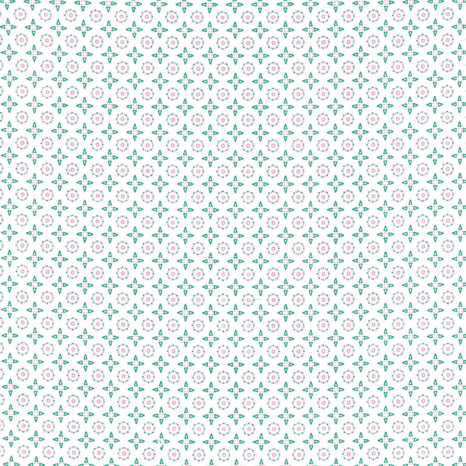 Patterned background with small floral elements on a light blue and white grid.
