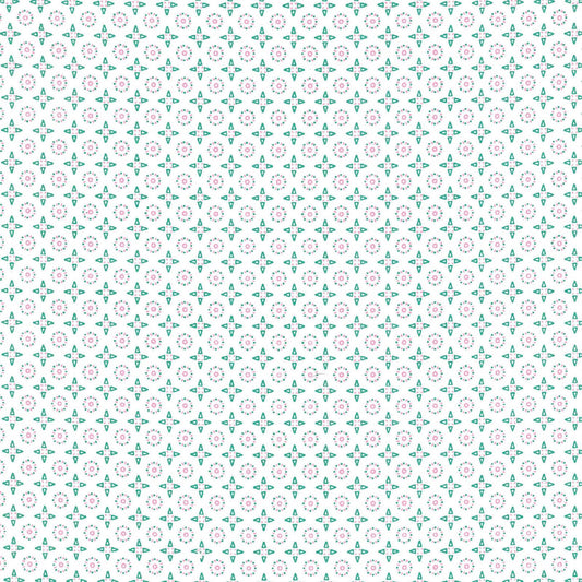 Patterned background with small floral elements on a light blue and white grid.