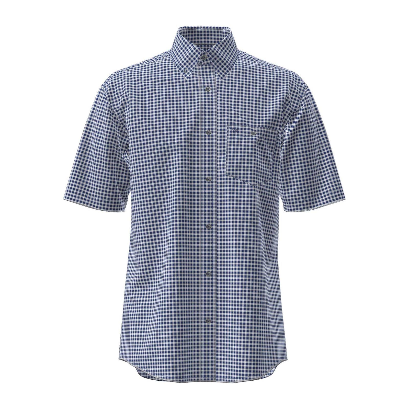 Blue and white checkered short-sleeve shirt on a white background