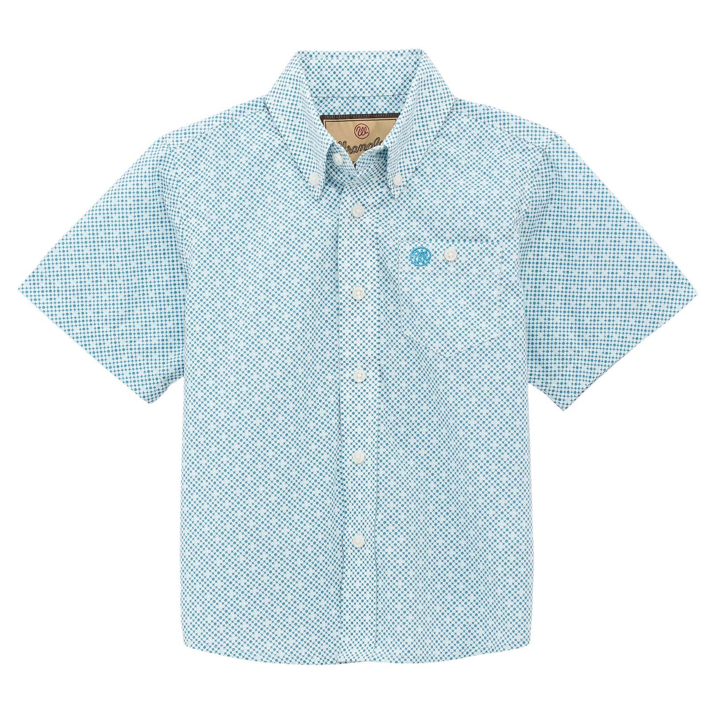 teal/white short sleeved shirt with white  background