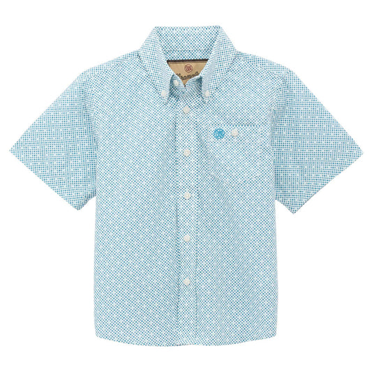 teal/white short sleeved shirt with white  background