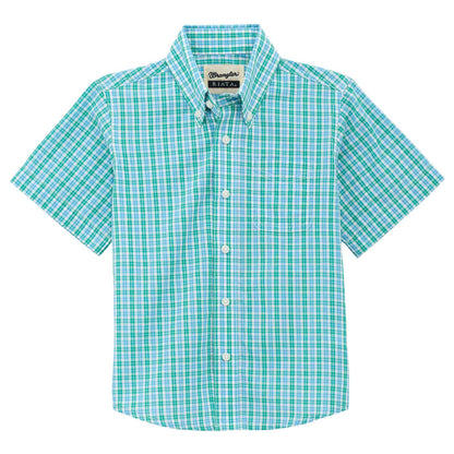 Green checkered shirt with button details on a white background