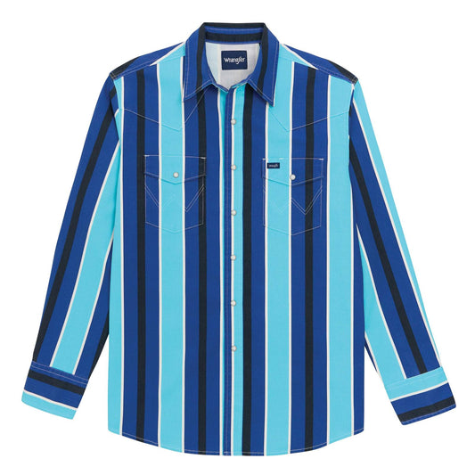 blue striped long sleeved shirt with white background