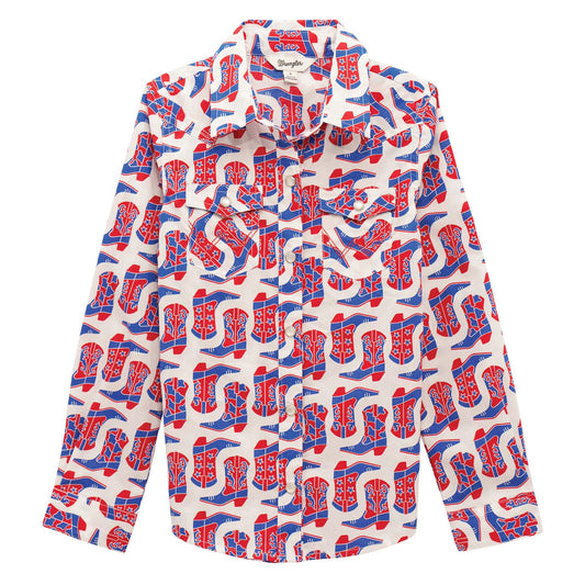 Shirt with red, white, and blue cowboy boot pattern on a white background