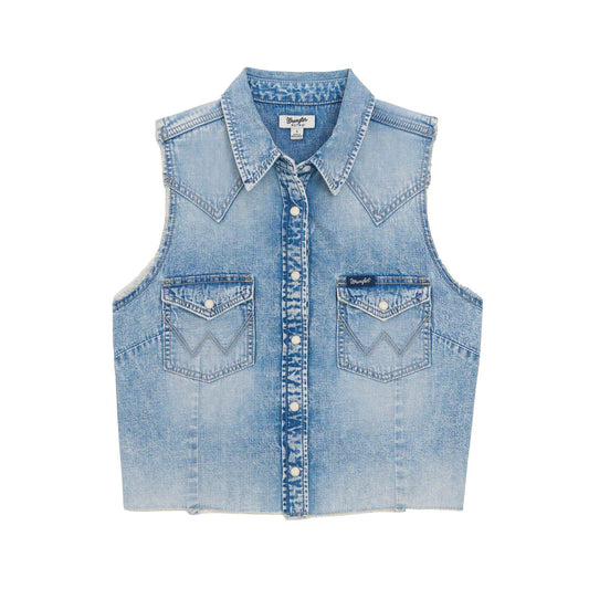 Denim vest with brand logo on a white background