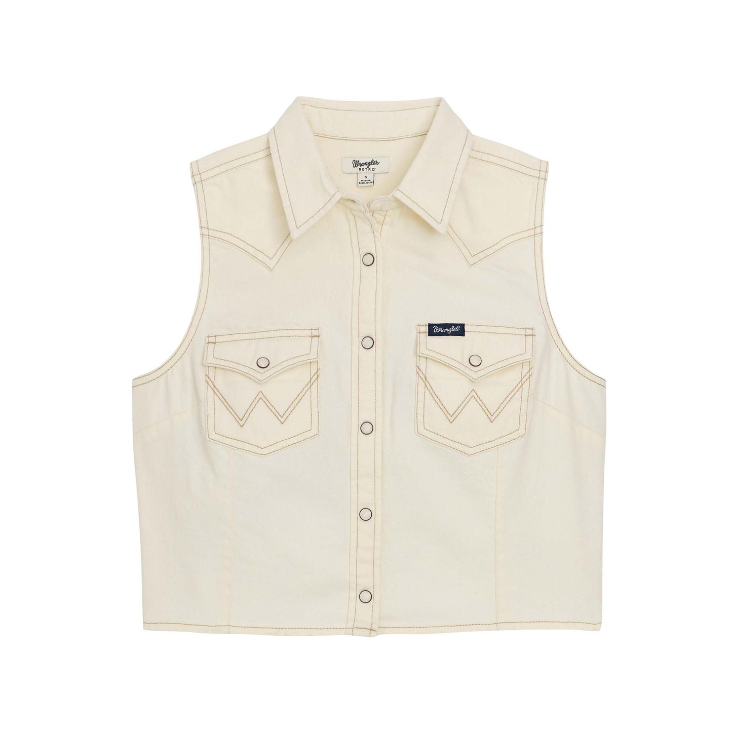 Beige vest with button details on a white background