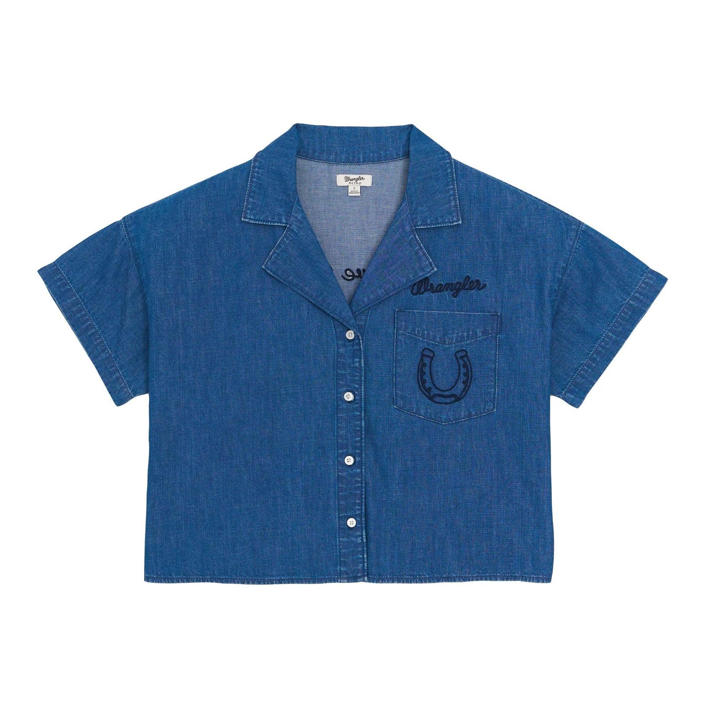 Blue denim shirt with a horseshoe pocket on a white background