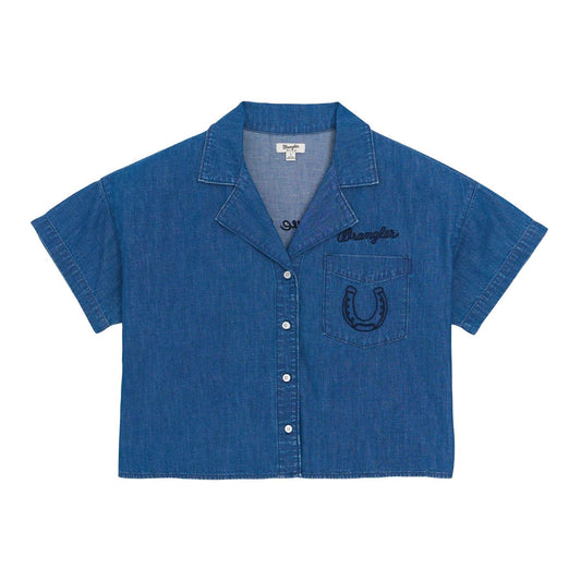Blue denim shirt with a horseshoe pocket on a white background