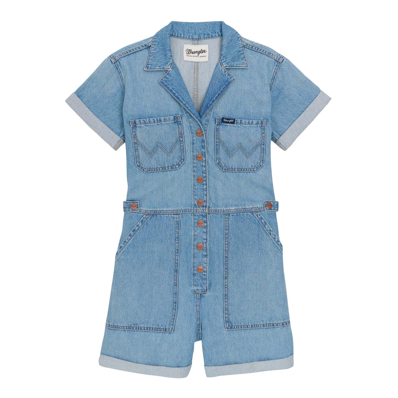 Denim romper with short sleeves on a white background