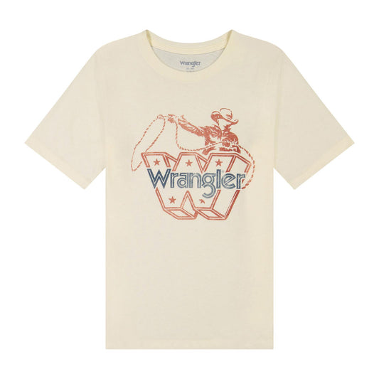 Beige t-shirt with Wrangler logo and cowboy graphic on a white background