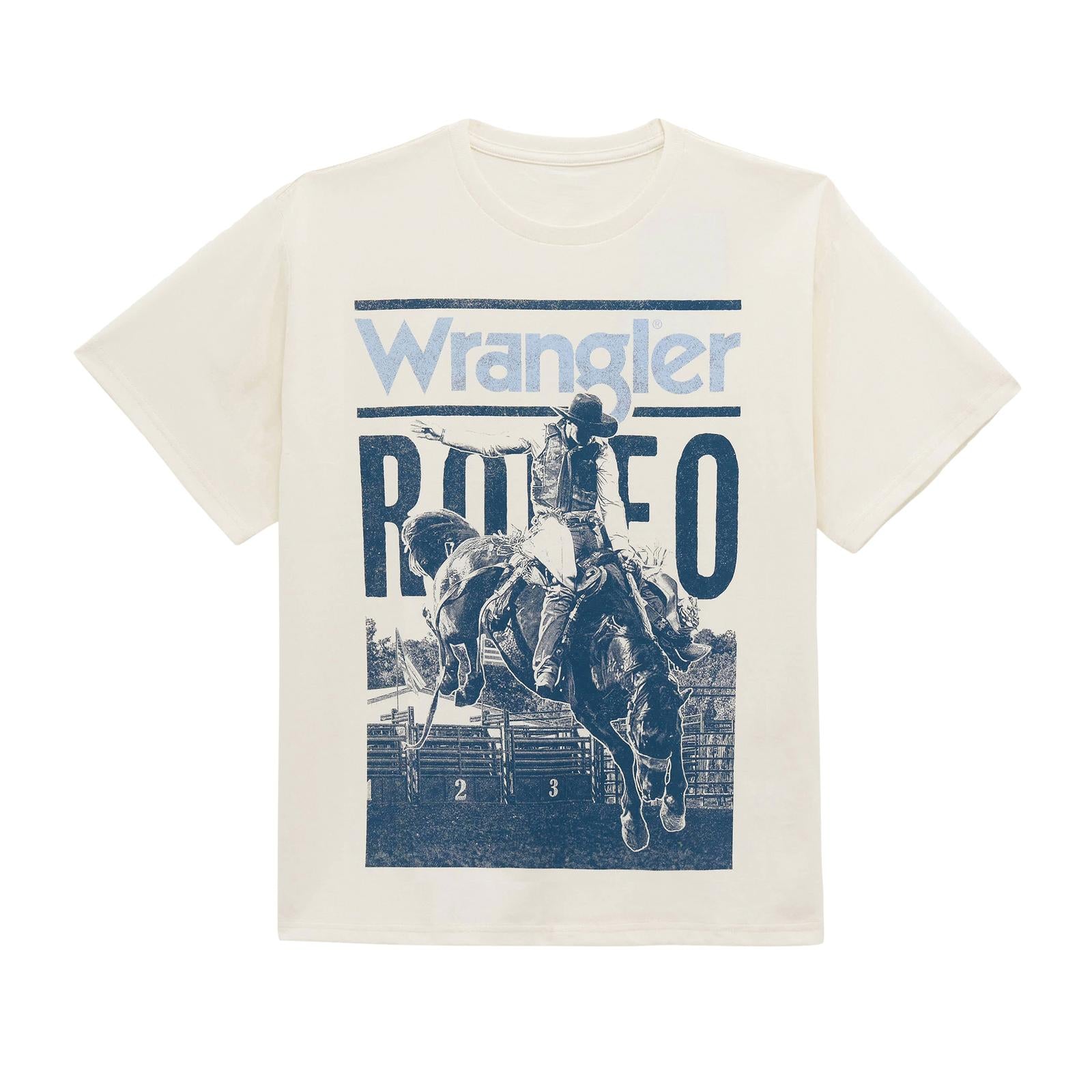 Beige t-shirt with blue graphic and 'Wrangler Rodeo' text on a white background
