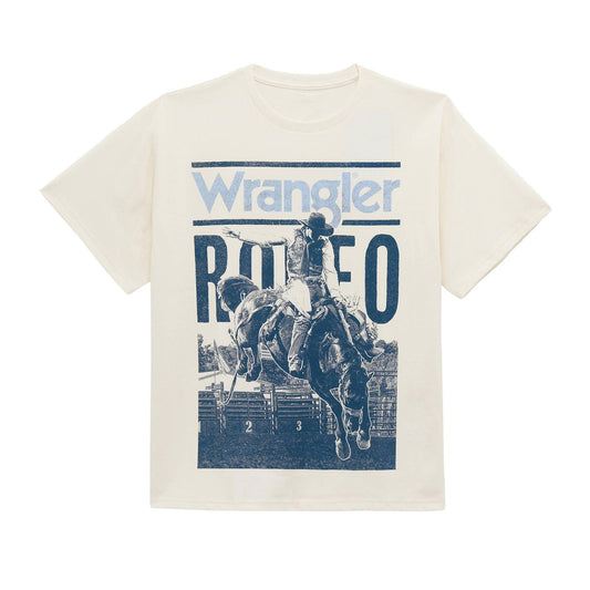 Beige t-shirt with blue graphic and 'Wrangler Rodeo' text on a white background