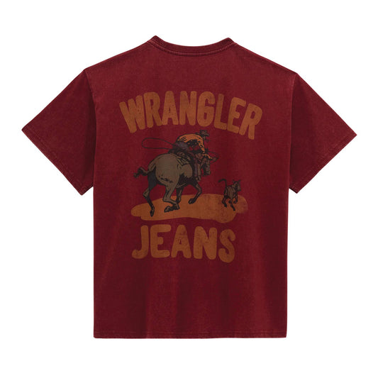 Red t-shirt with Wrangler jeans logo on a white background