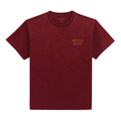 Maroon t-shirt with Wrangler logo on a white background