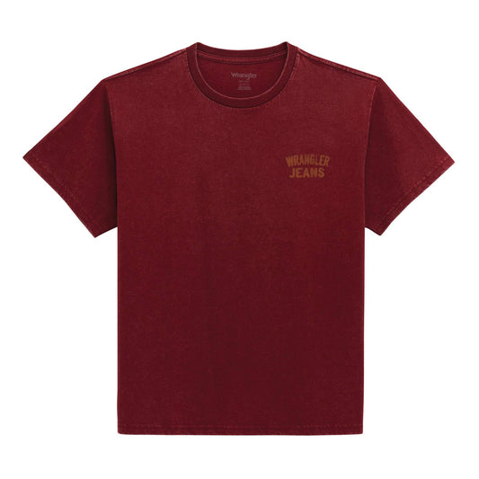 Maroon t-shirt with Wrangler logo on a white background