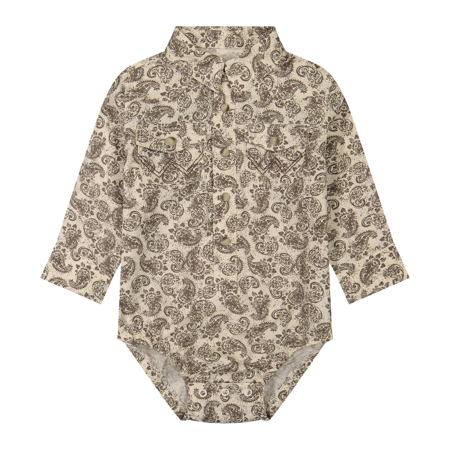 A long-sleeve baby bodysuit with a brown paisley pattern on a beige background, featuring a button-up front and chest pockets, shown flat on a white background.