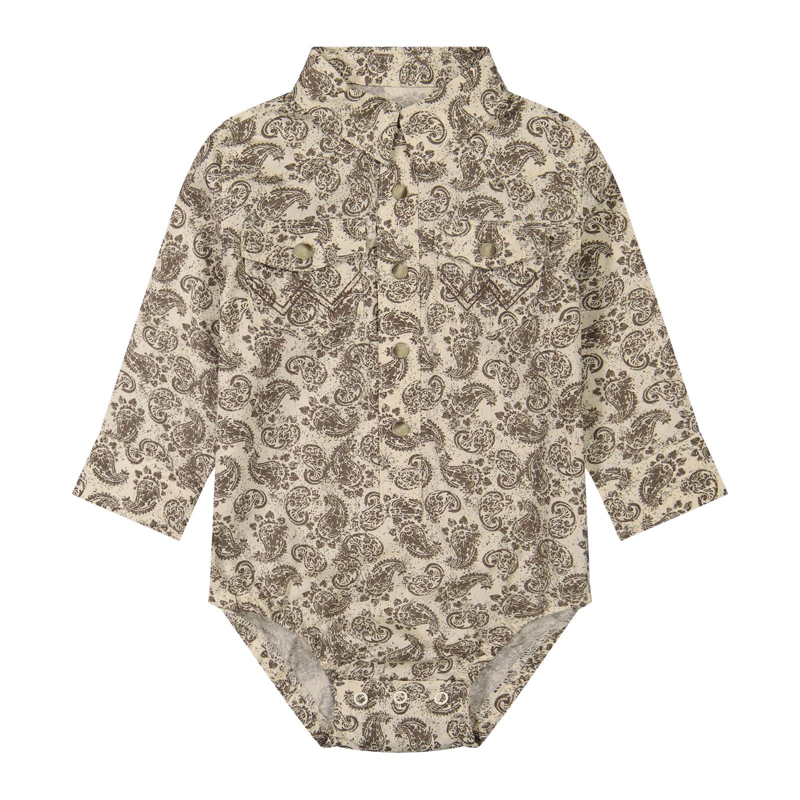 A long-sleeve baby bodysuit with a brown paisley pattern on a beige background, featuring a button-up front and chest pockets, shown flat on a white background.