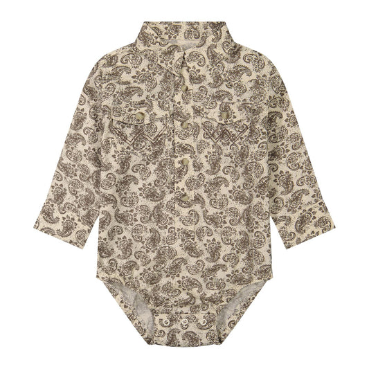 A long-sleeve baby bodysuit with a brown paisley pattern on a beige background, featuring a button-up front and chest pockets, shown flat on a white background.