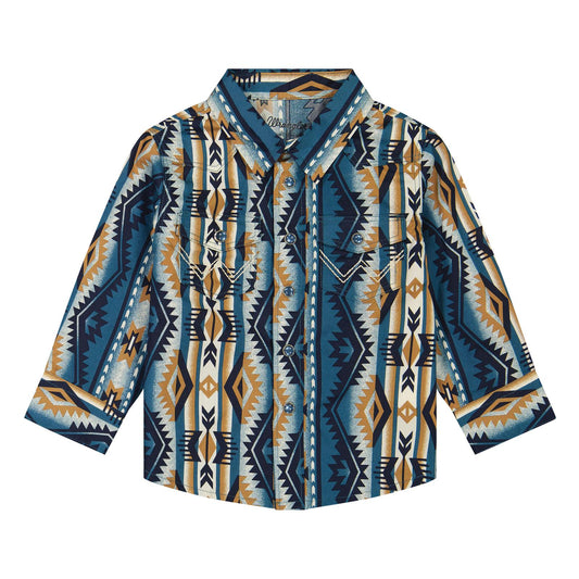 Long-sleeve shirt with a geometric pattern on a white background