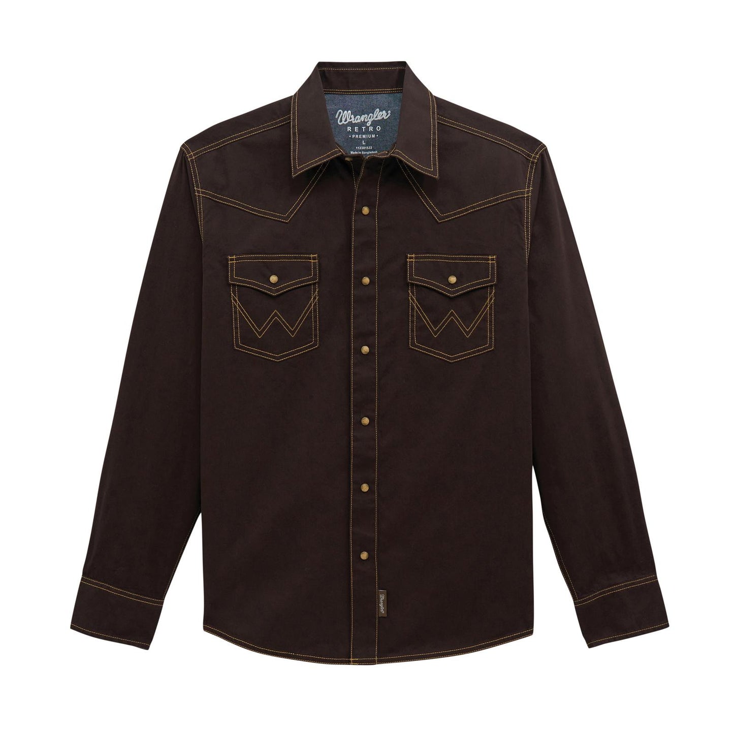 Brown denim shirt with Wrangler branding on a white background