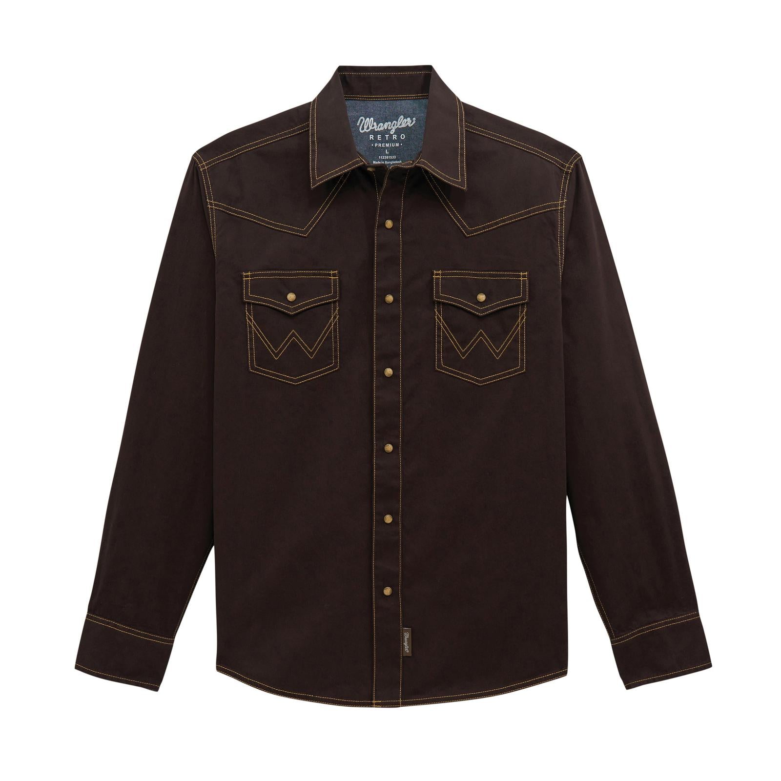 Brown denim shirt with Wrangler branding on a white background