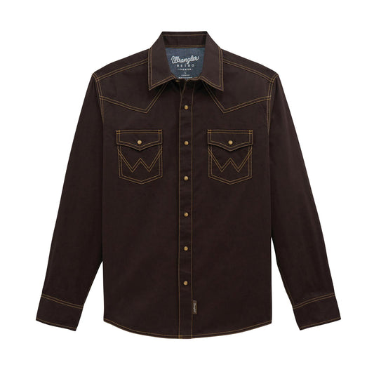 Brown denim shirt with Wrangler branding on a white background