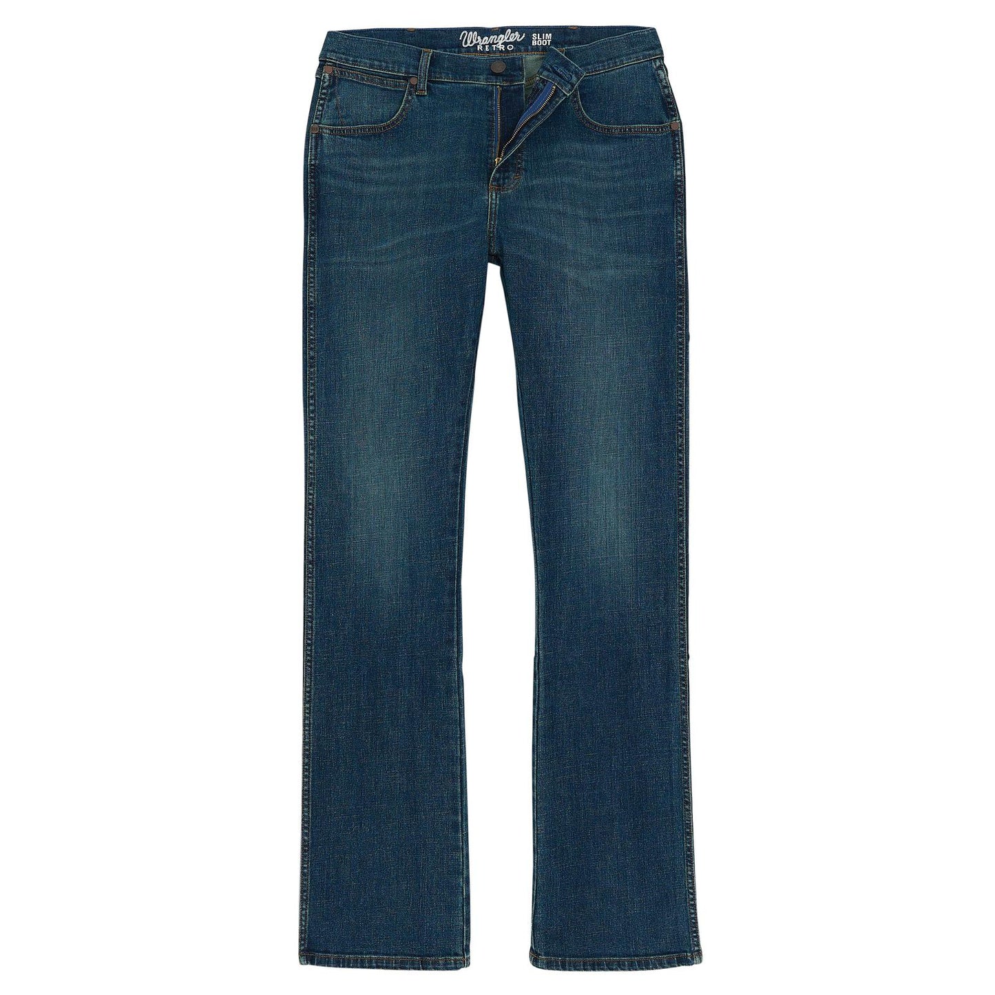 A pair of dark blue denim jeans with a straight-to-flare leg, shown flat against a solid white background.