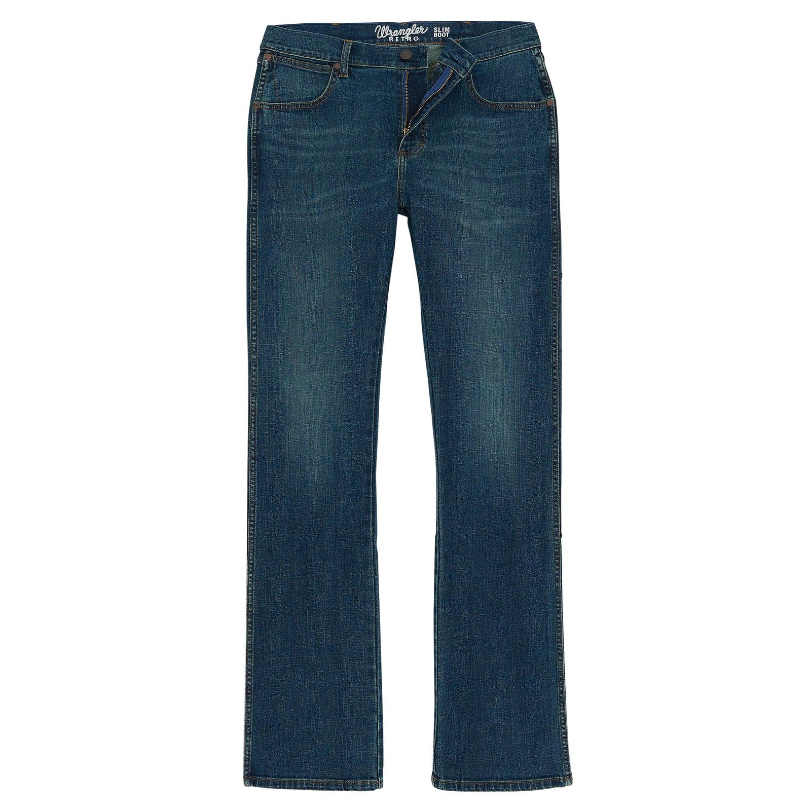A pair of dark blue denim jeans with a straight-to-flare leg, shown flat against a solid white background.