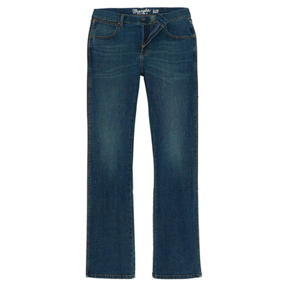 A pair of dark blue denim jeans with a straight-to-flare leg, shown flat against a solid white background.
