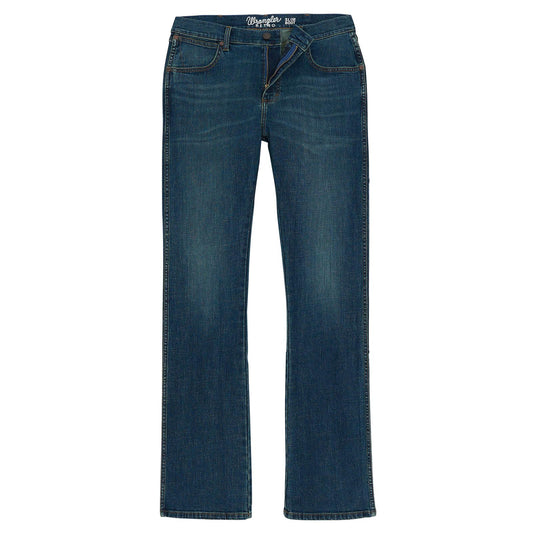 A pair of dark blue denim jeans with a straight-to-flare leg, shown flat against a solid white background.