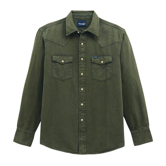 Green denim shirt with button details on a white background