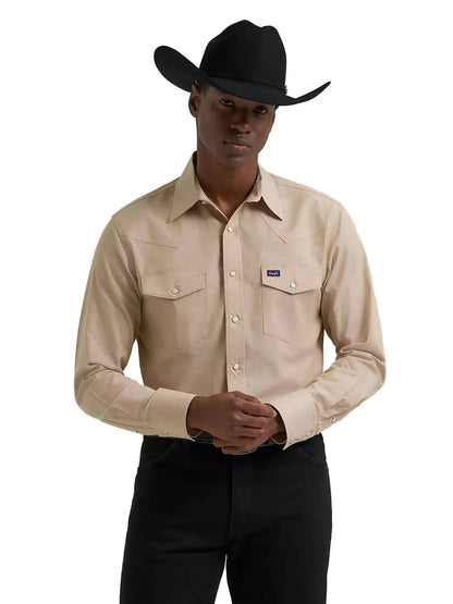 Men's Wrangler Khaki Cowboy Cut Long Sleeve Western Snap Chambray Work Shirt 112381688