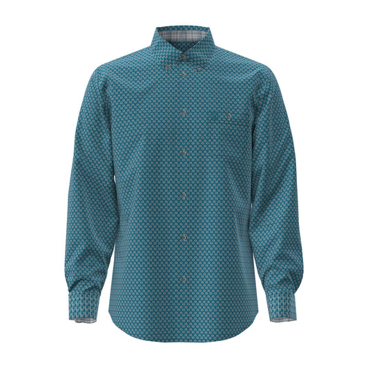 Teal patterned shirt on a white background