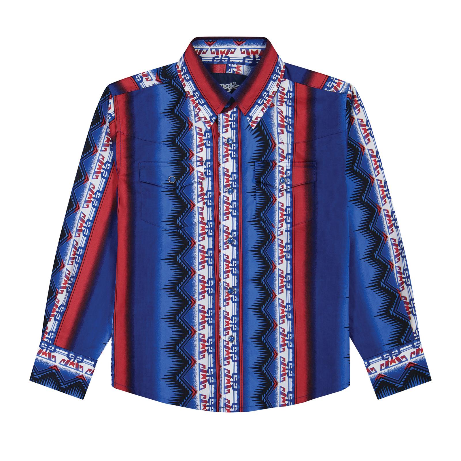 Colorful patterned shirt with blue, red, and white design on a white background
