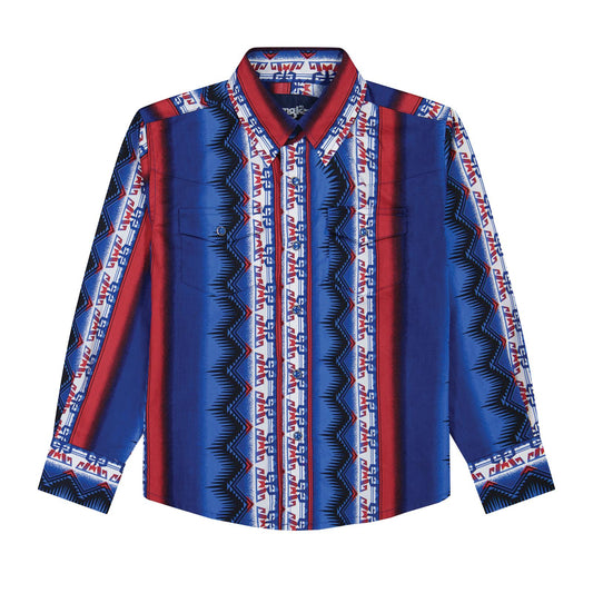 Colorful patterned shirt with blue, red, and white design on a white background