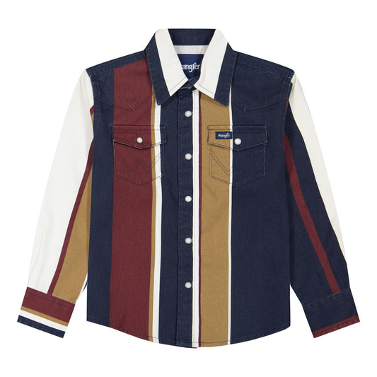 Color-blocked shirt with vertical stripes on a white background