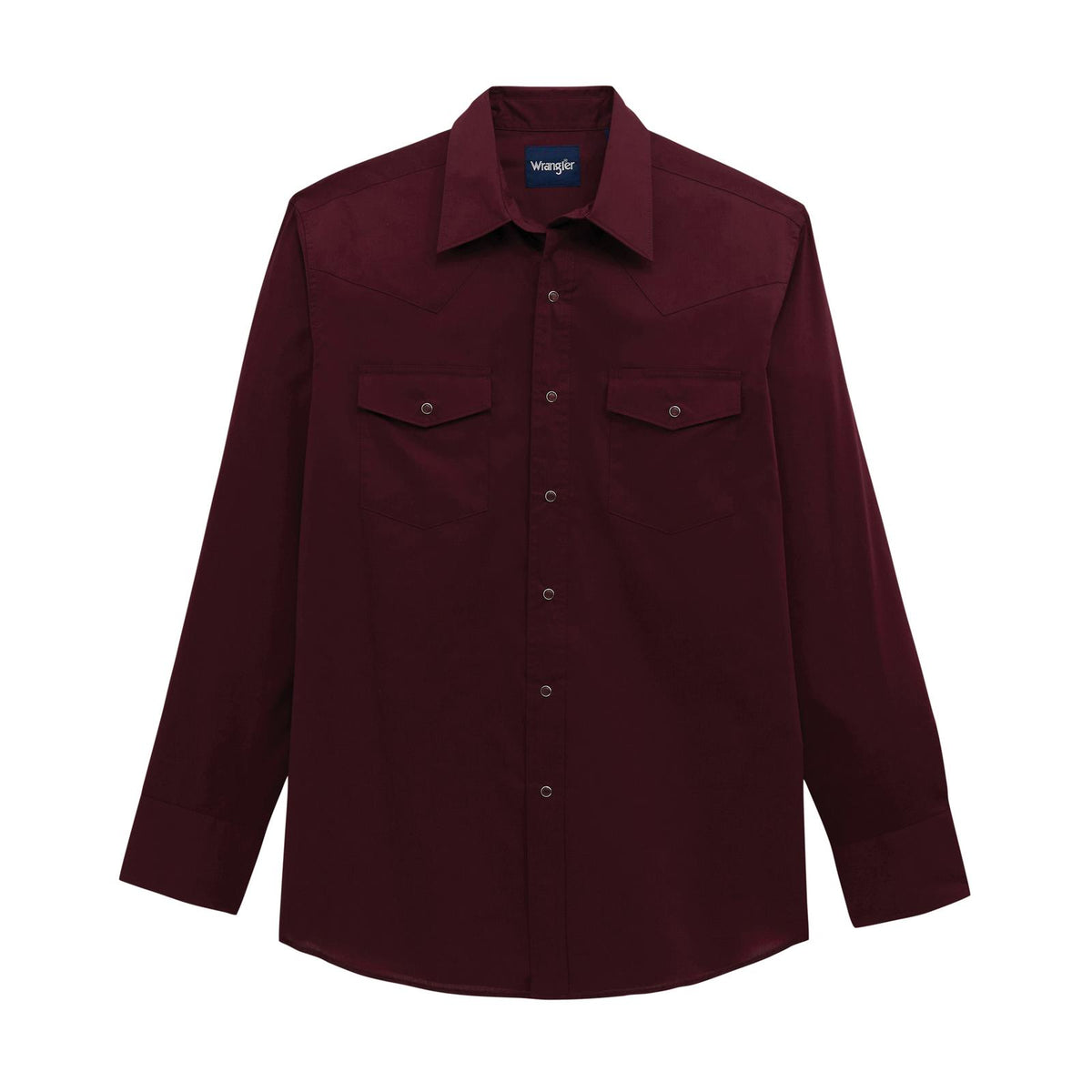 Maroon shirt with two front pockets on a white background