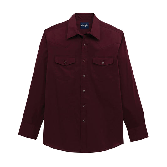 Maroon shirt with two front pockets on a white background