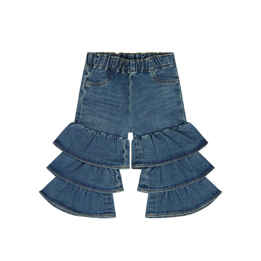 A pair of blue denim shorts featuring a tiered ruffle design on the front, photographed flat against a solid white background.